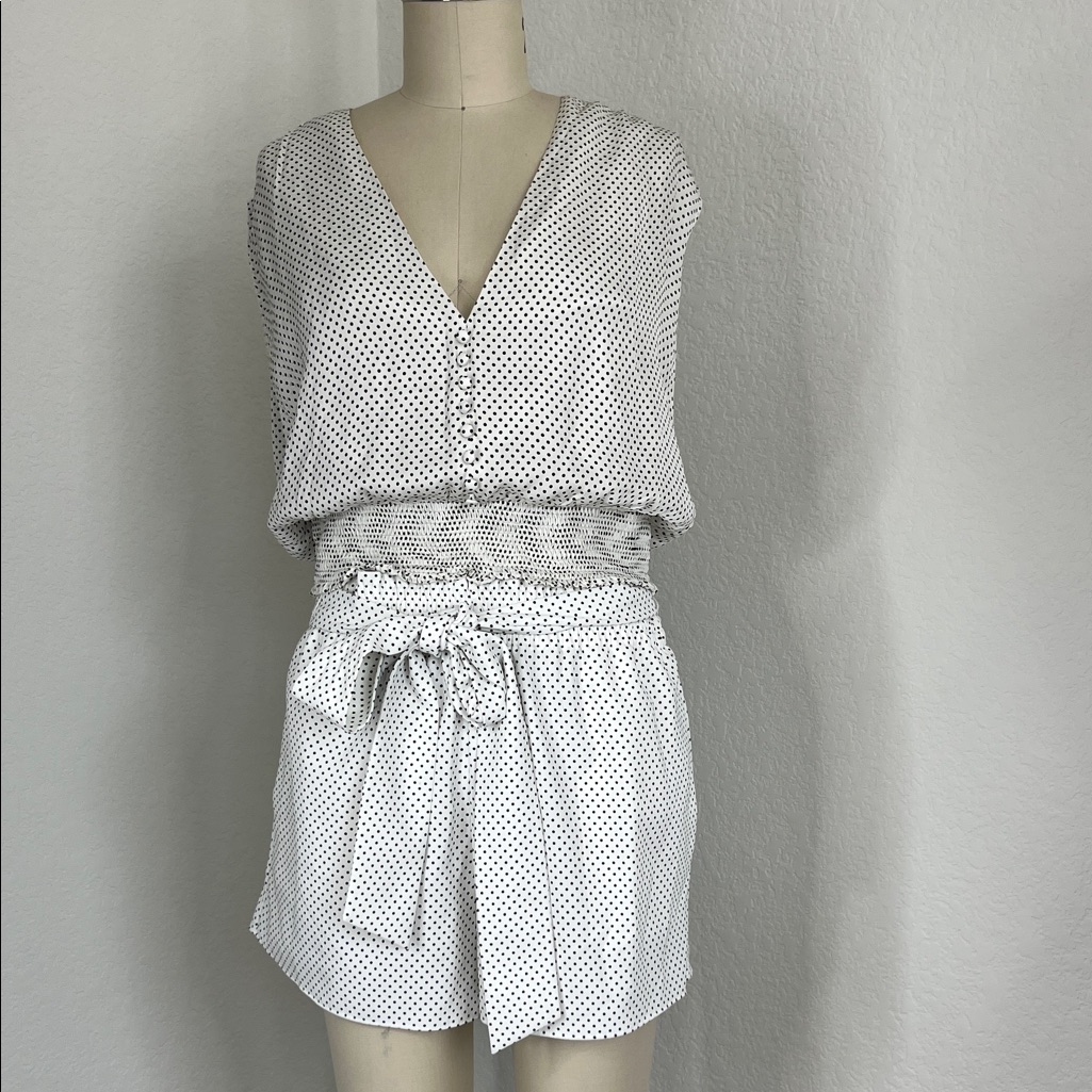 Alice + Olivia Black And White Polka Dot Smocked Paper Bag Waist Shorts Top Set
